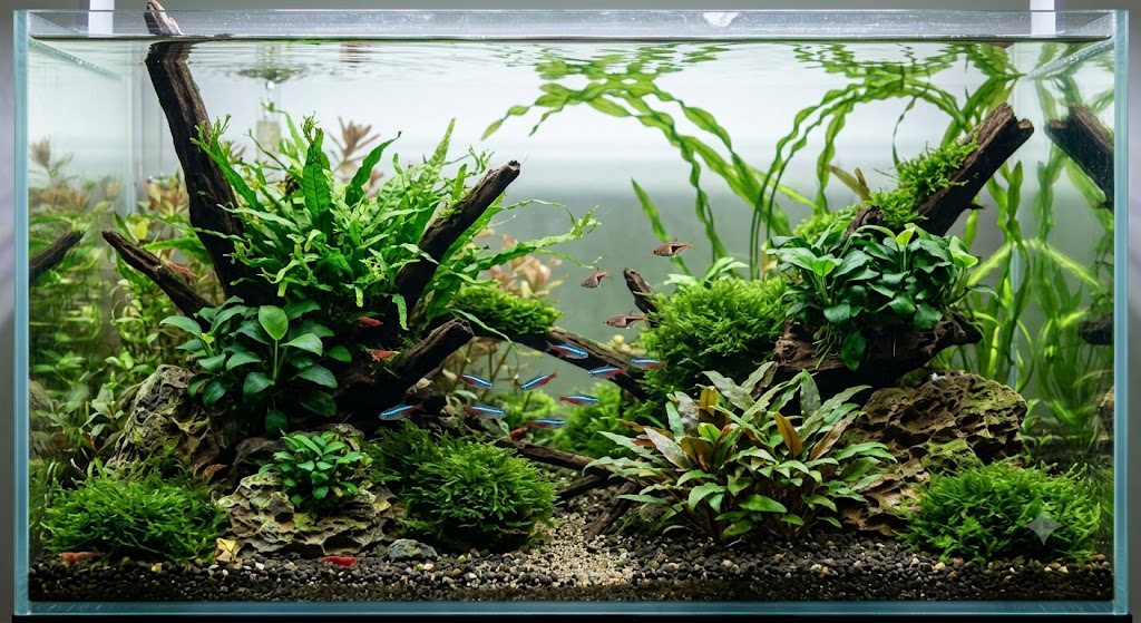 Aquário com peixes, plantas aquáticas, rochas e troncos decorativos
