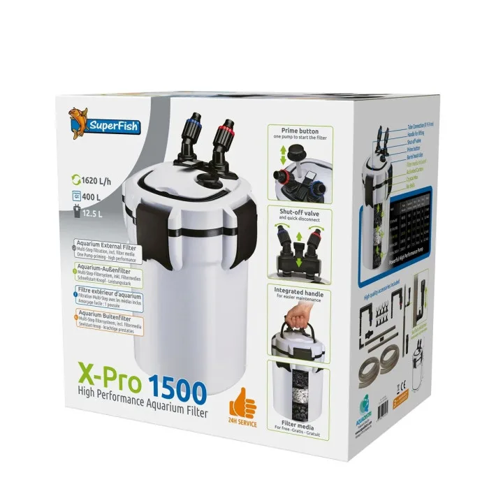 Filtro externo para aquários SuperFish X-Pro 1500 em caixa com imagens e texto