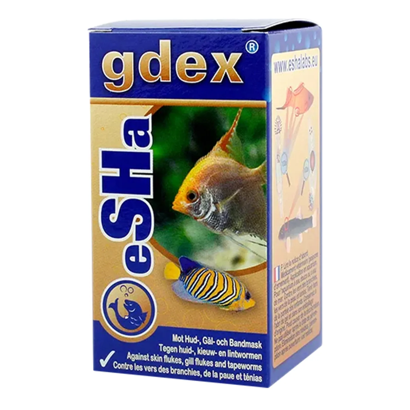 Caixa de medicamento para peixes gdex com imagens de peixes e texto multilingue