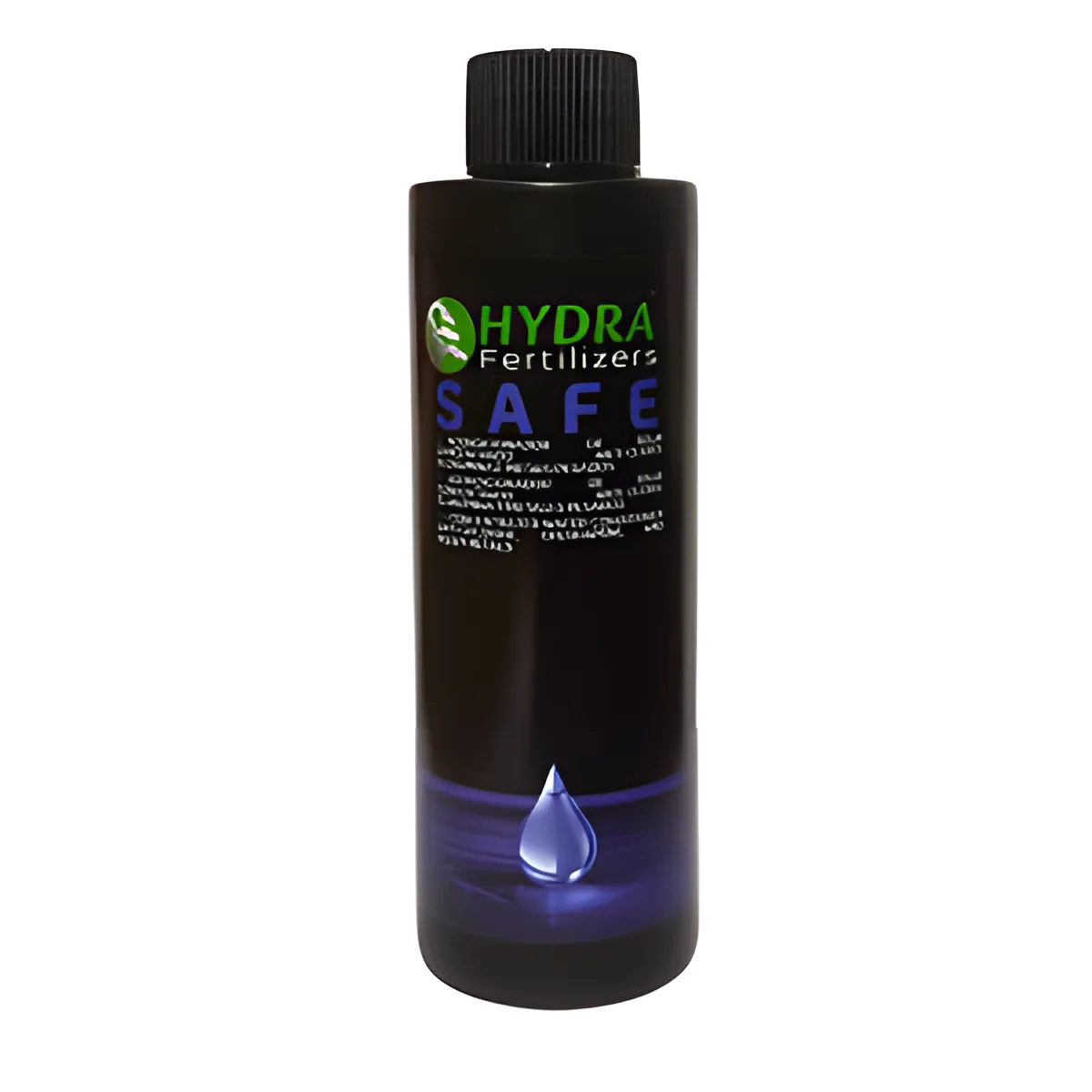 Frasco preto com rótulo HYDRA Fertilizers SAFE e gota de água azul