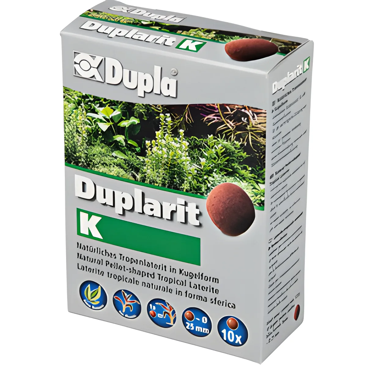 Embalagem do produto Dupla K com plantas aquáticas e ícones azuis