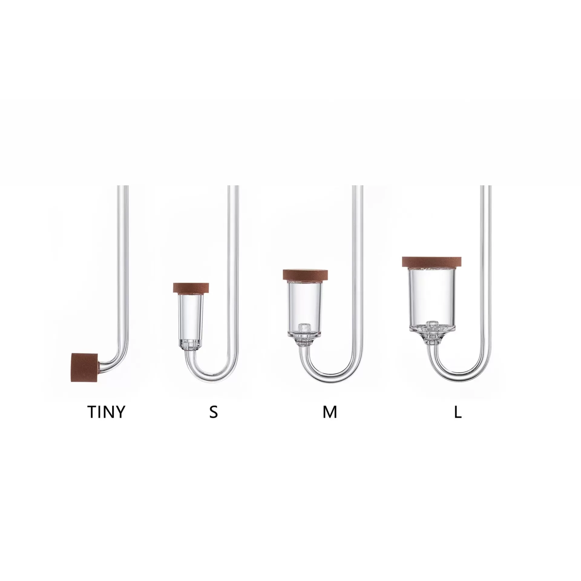 Quatro frascos de vidro com tampas castanhas em diferentes tamanhos