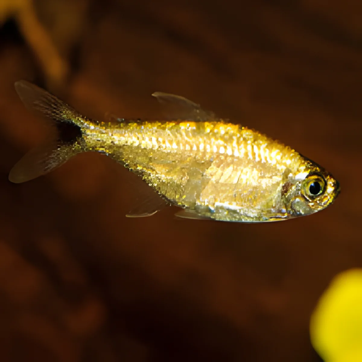 Peixe dourado translúcido nadando em água com fundo escuro