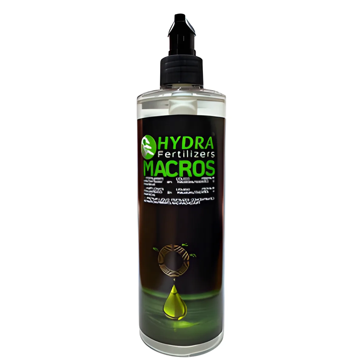 Frasco de fertilizante líquido Hydra Fertilizers MACROS com rótulo preto e verde