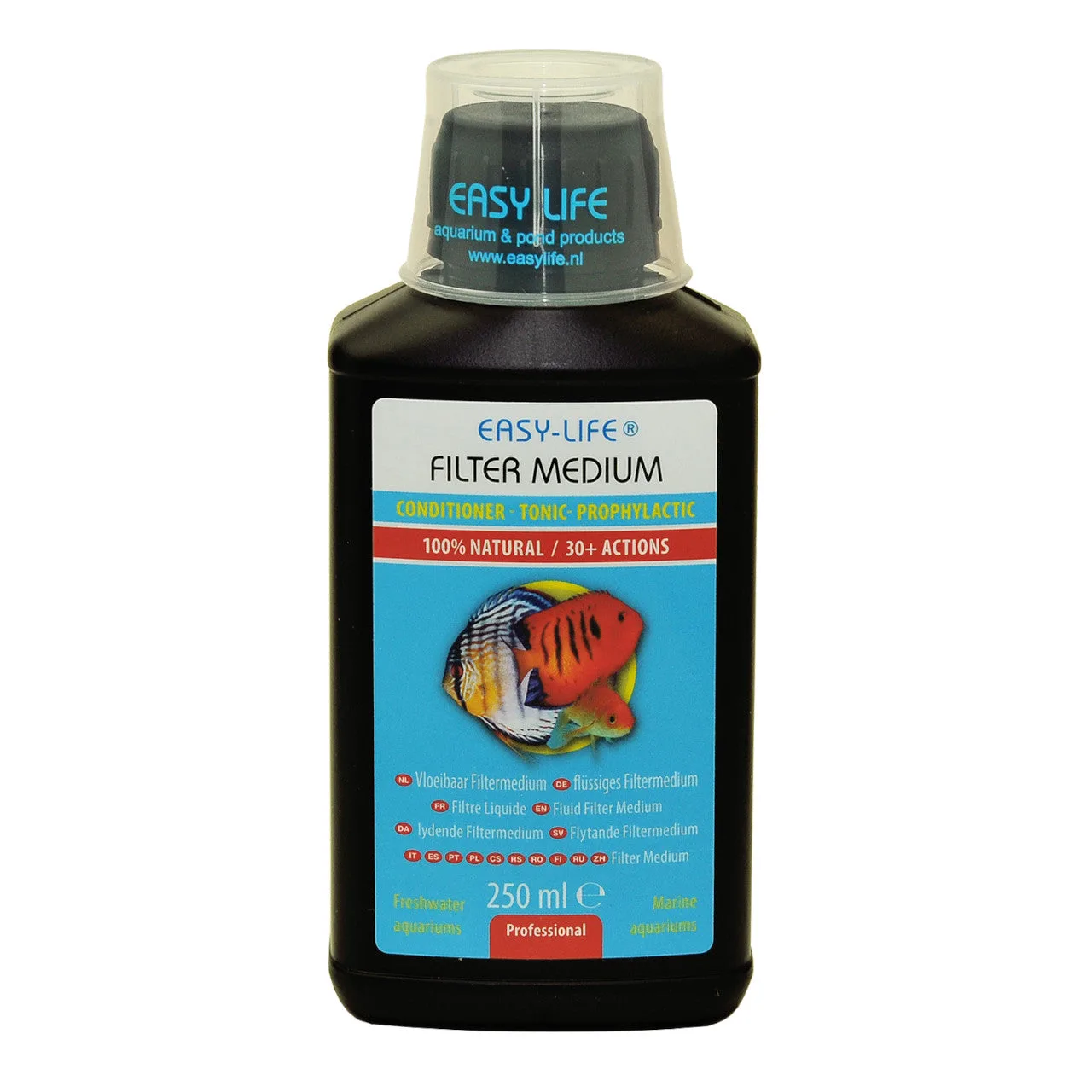 Frasco preto com rótulo azul e branco e tampa transparente contendo produto Easy-Life Filter Medium