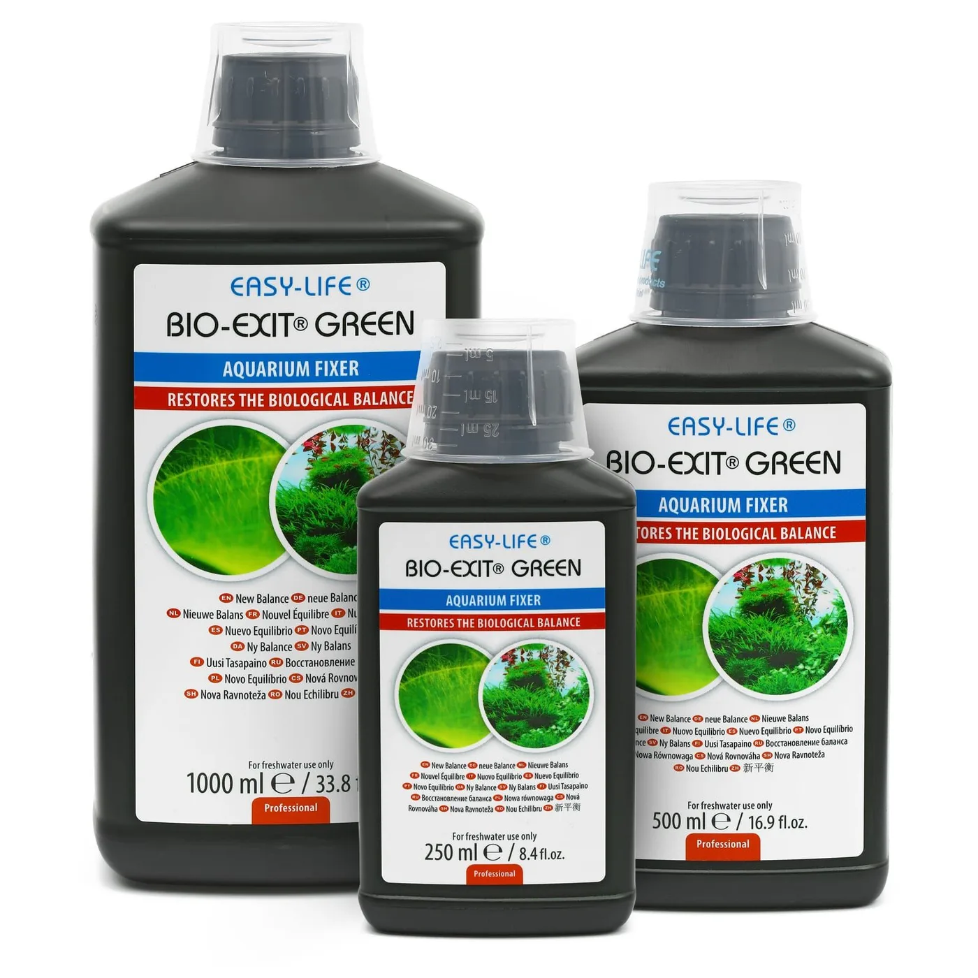 Frascos do produto Easy-Life Bio-Exit Green para aquários com rótulos e tampas medidoras