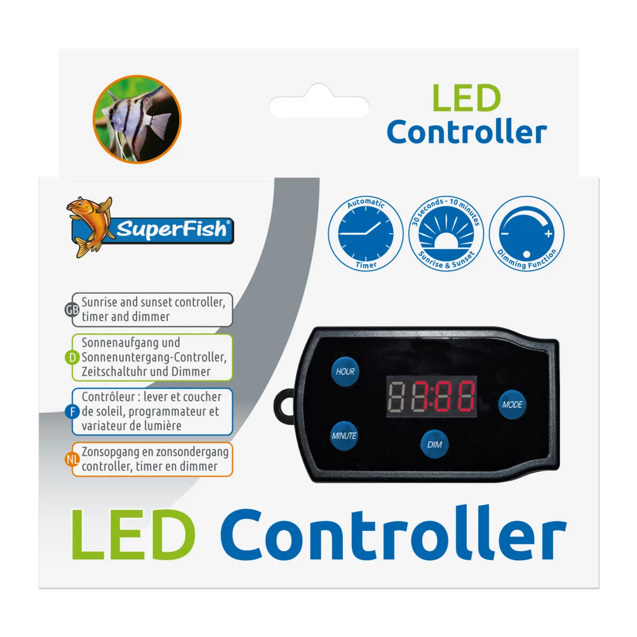 Controlador LED SuperFish com visor digital e botões azuis num fundo branco