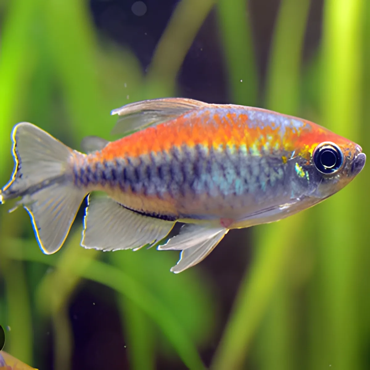 Peixe colorido num aquário com plantas verdes ao fundo