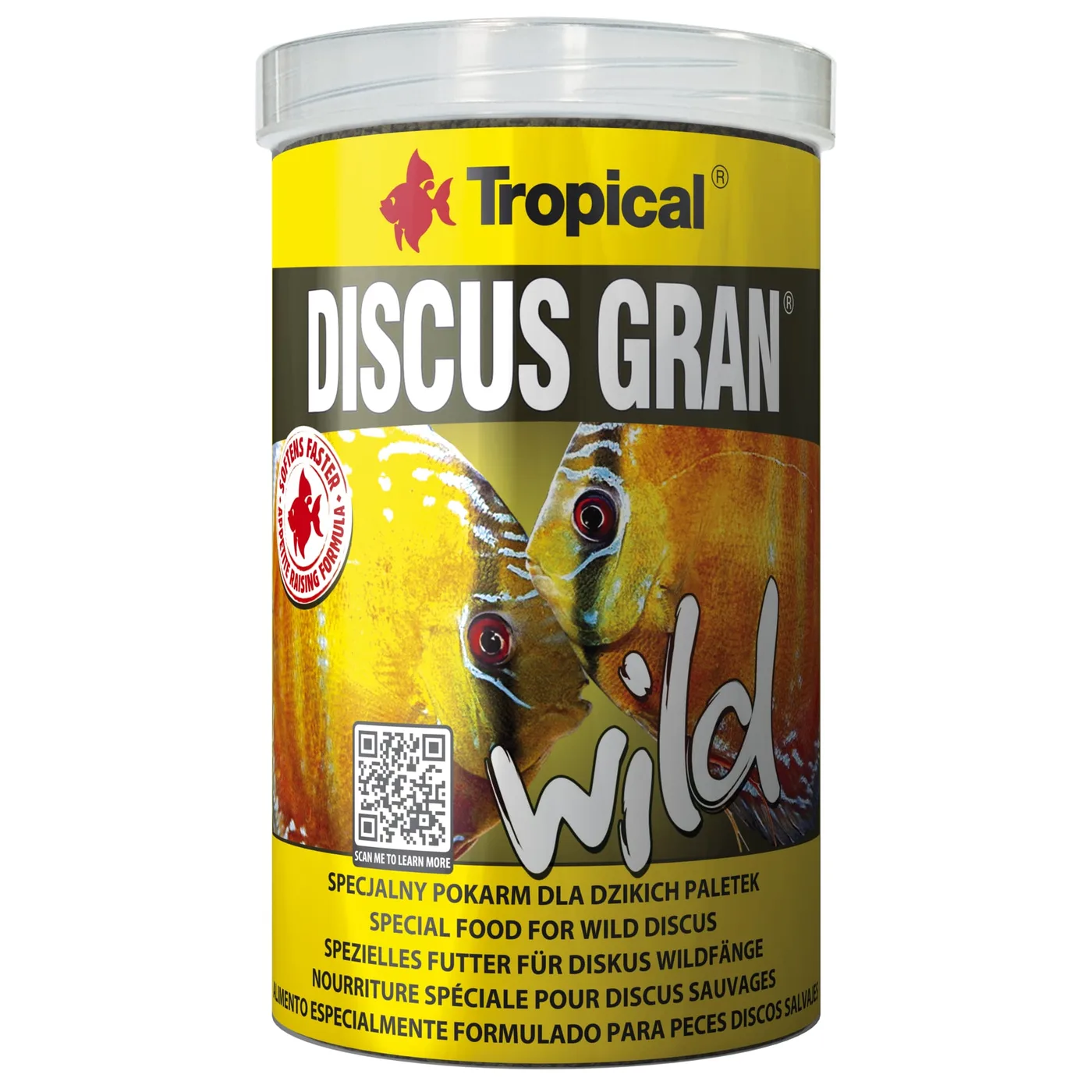 Recipiente de alimento para peixes Discus da marca Tropical com imagem de peixes e texto em amarelo e preto