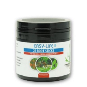Easy Life Root Sticks 25x Recipiente preto com etiqueta branca e tampa preta, contendo 25 root sticks para plantas de aquário