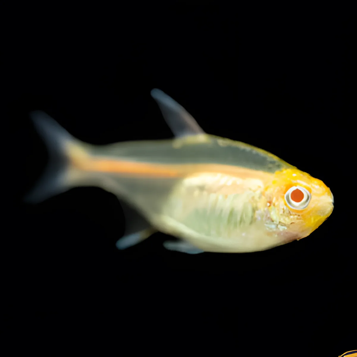 Peixe translúcido com cabeça amarela e linha laranja no corpo