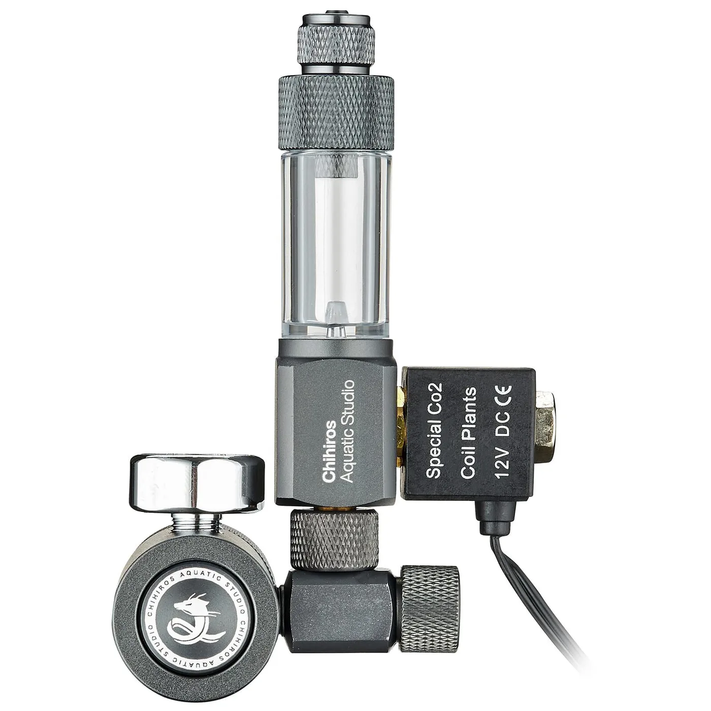 Regulador e solenoide CO2 Chihiros Aquatic Studio metal cinzento com texto