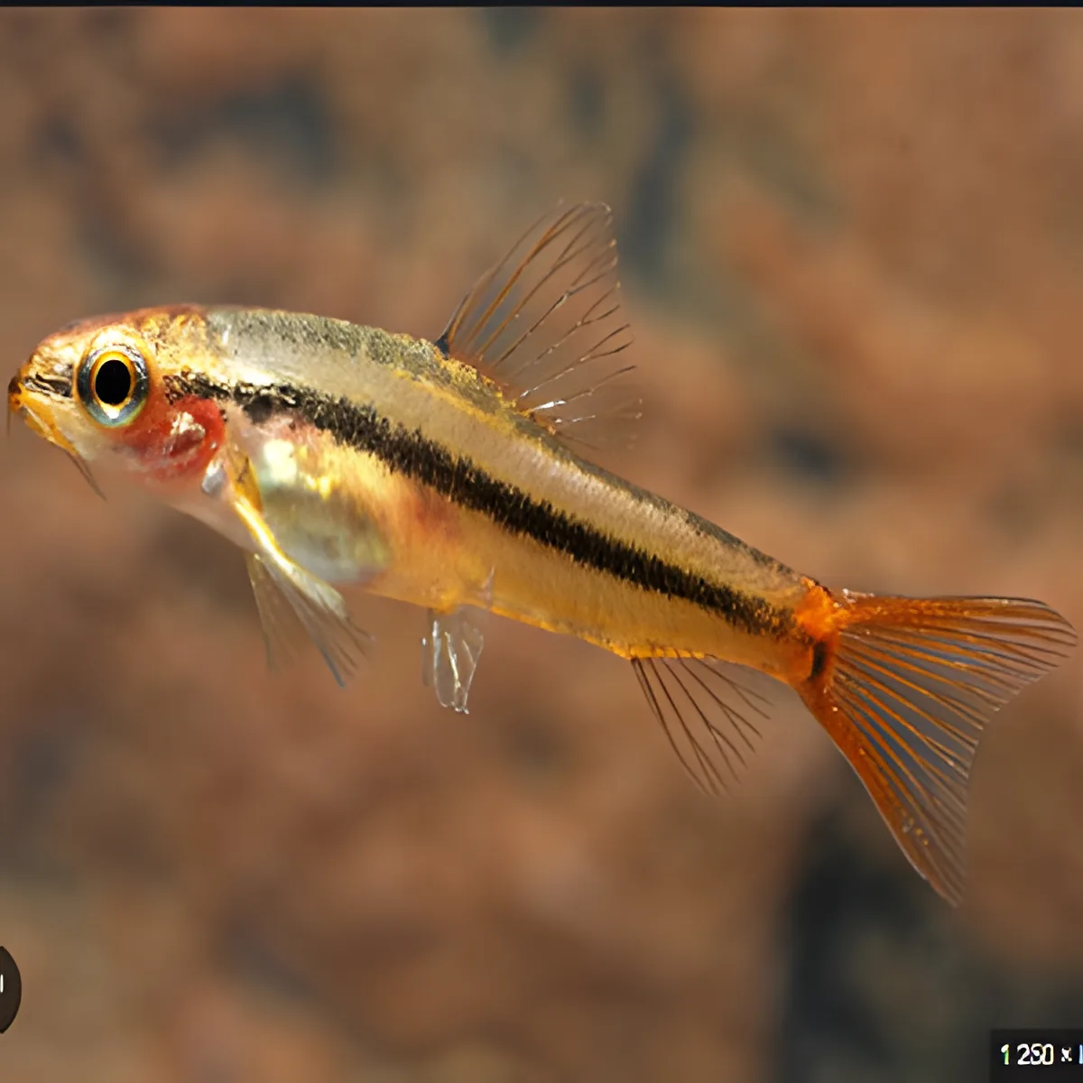 Peixe dourado com linha preta e nadadeiras laranja em fundo castanho