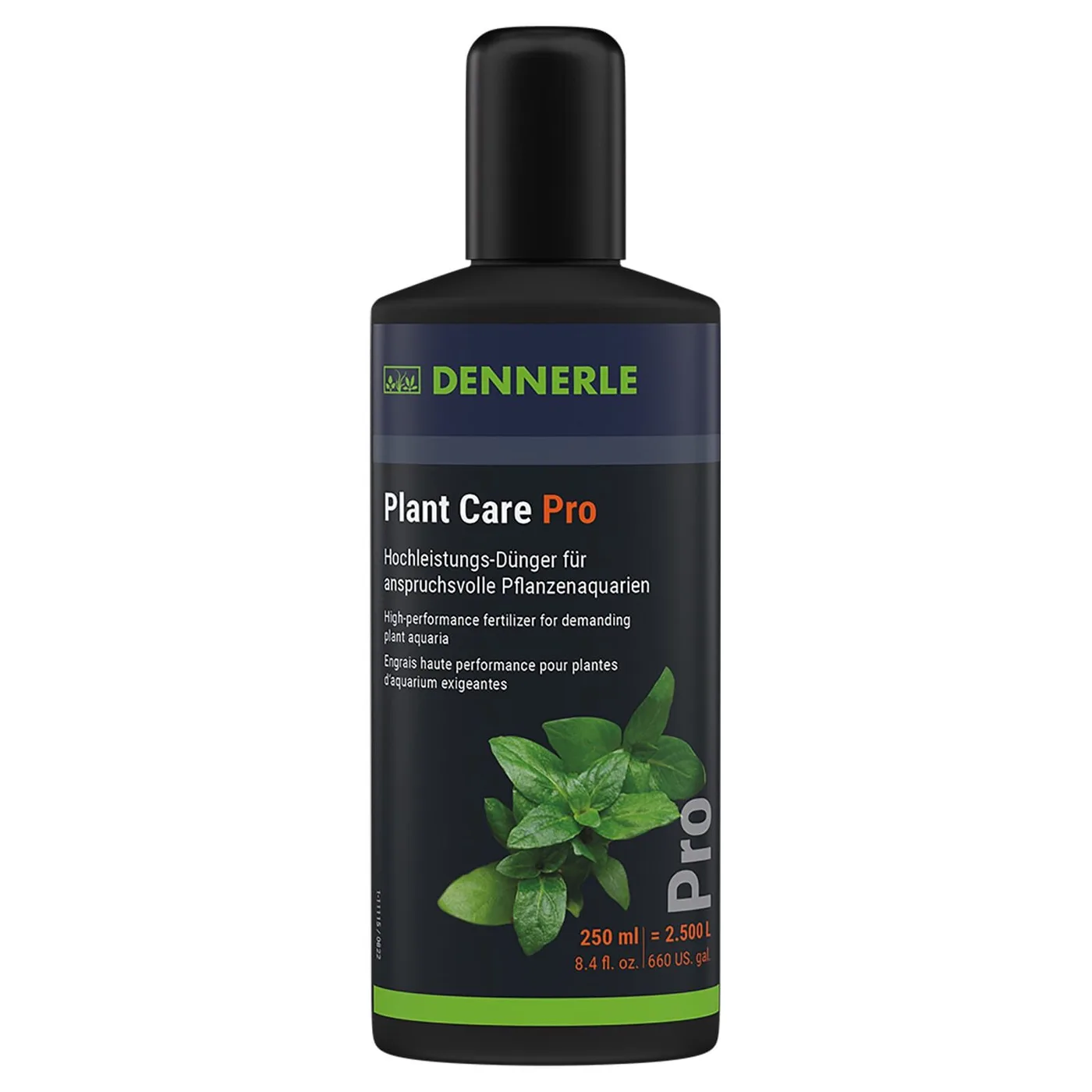 Frasco de fertilizante líquido para plantas DENNERLE Plant Care Pro com rótulo azul e verde, folhas verdes na imagem.