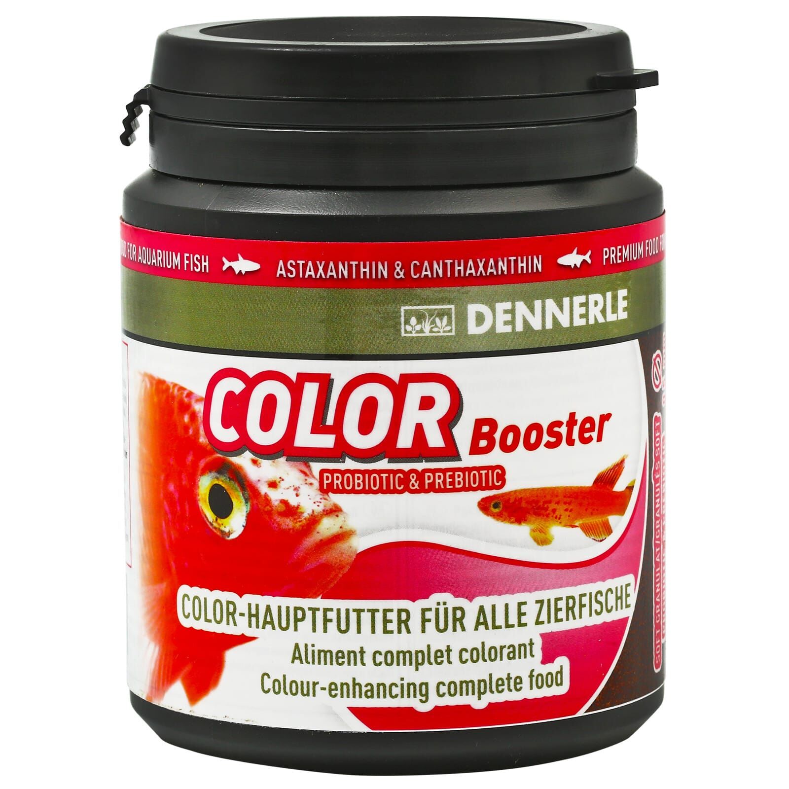 Frasco preto com rótulo Color Booster para alimento de peixes