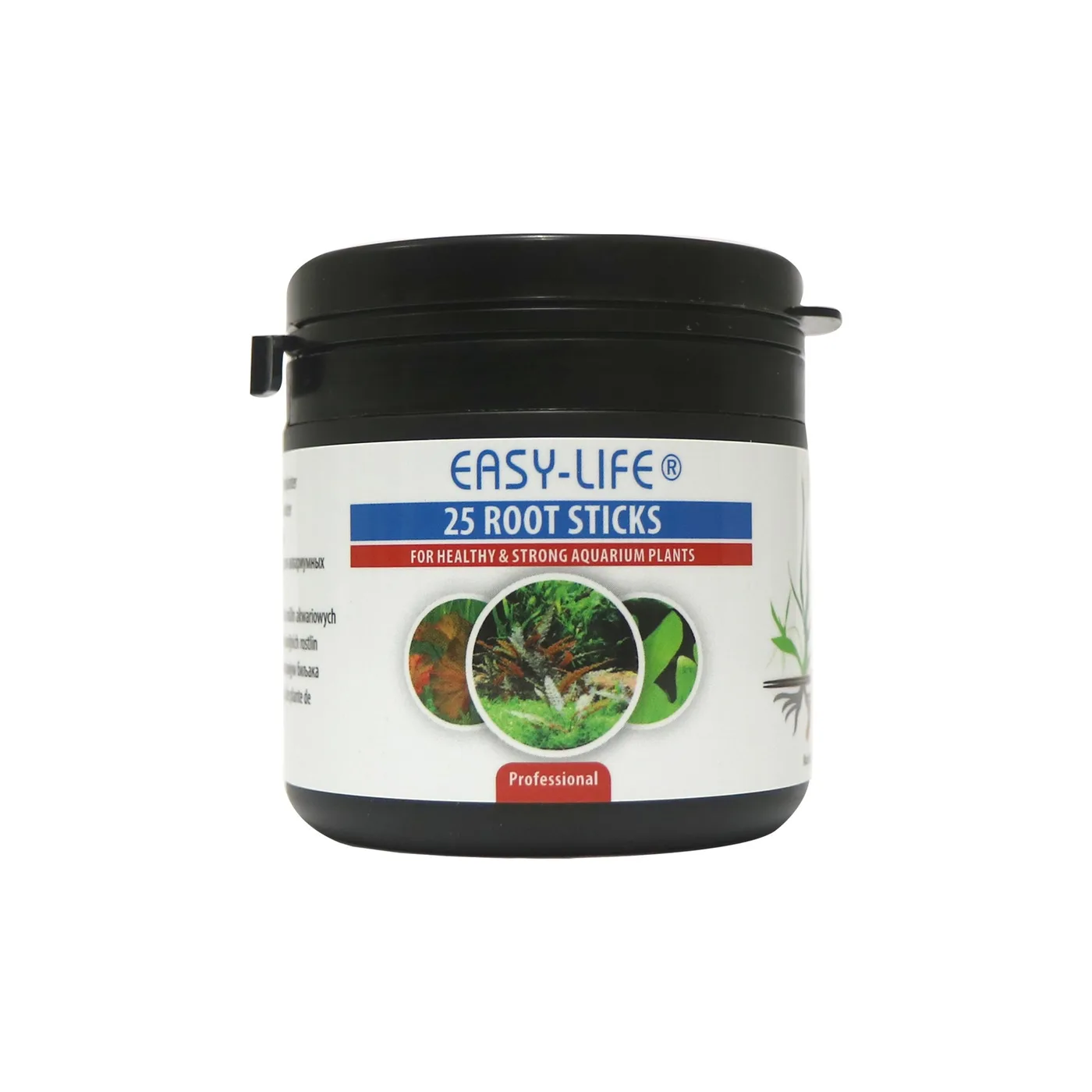 Frasco de plástico preto com etiqueta branca contendo a descrição do produto e imagens de plantas aquáticas.