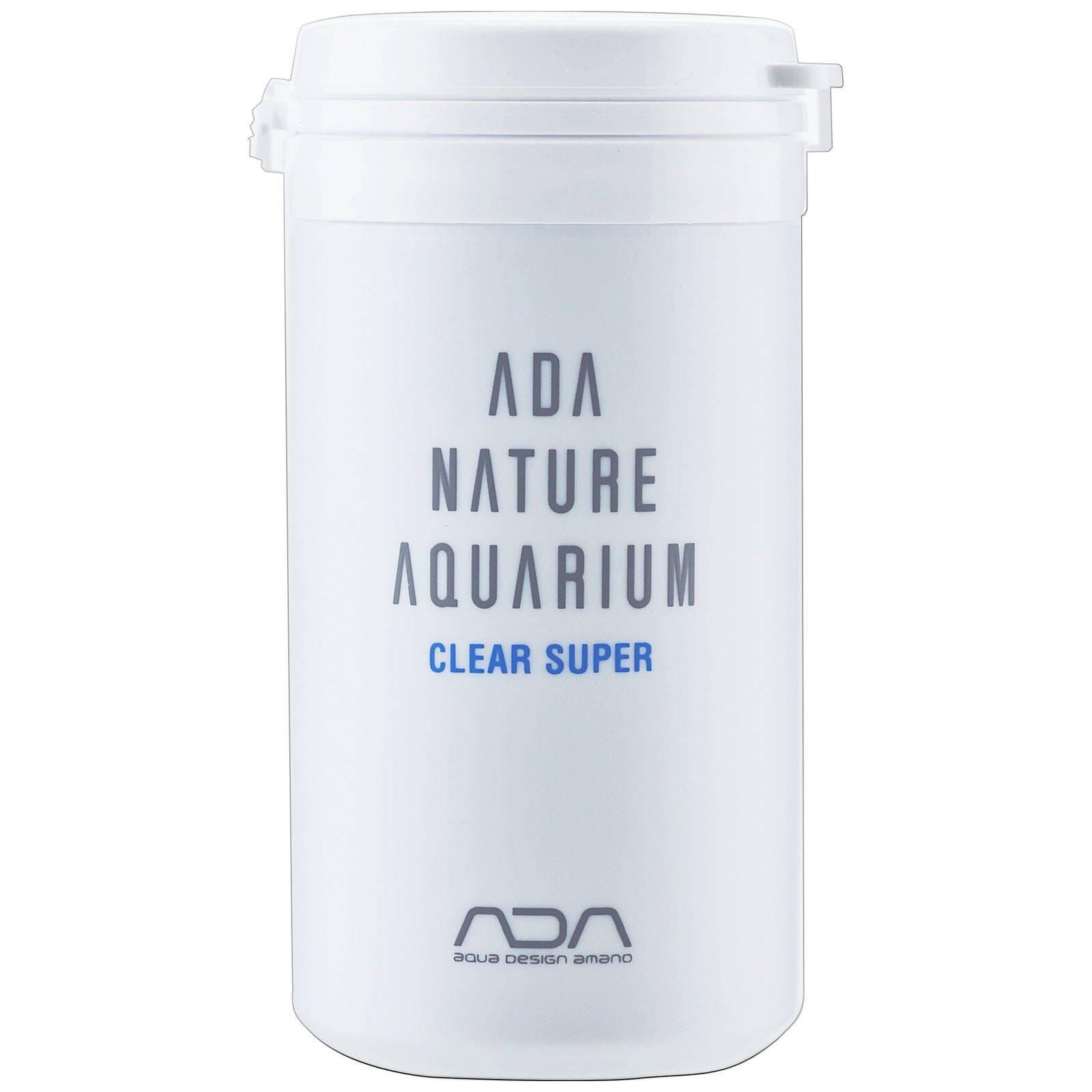 Frasco branco de plástico com texto ADA NATURE AQUARIUM CLEAR SUPER