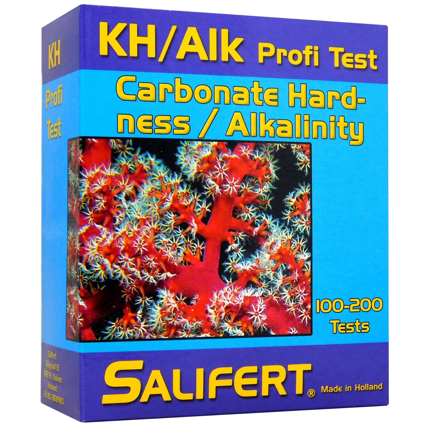 Embalagem Salifert KH/Alk Profi Test azul e roxa com coral vermelho na imagem