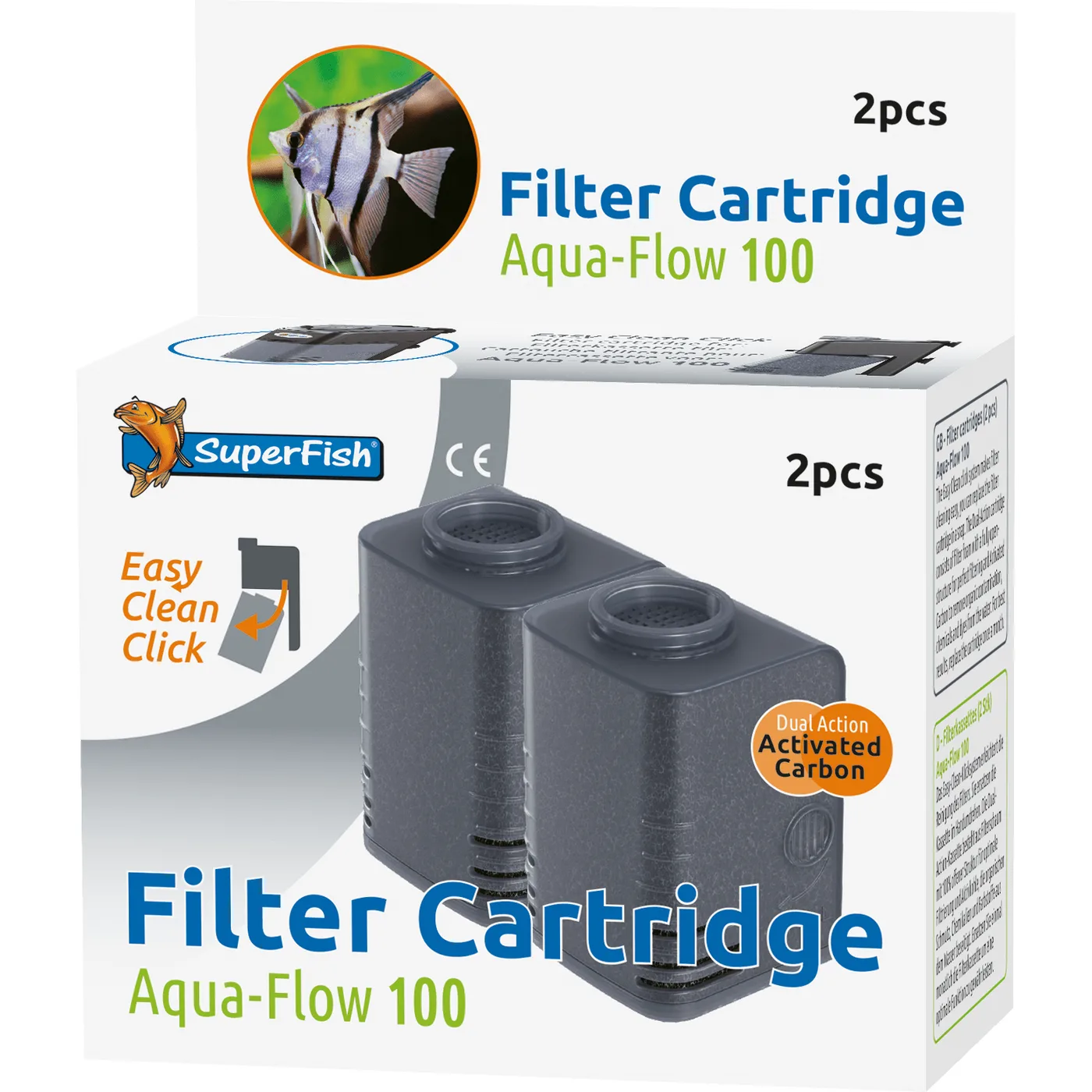 Cartuchos de filtro Aqua-Flow 100 da SuperFish em embalagem branca com texto e imagem de peixe