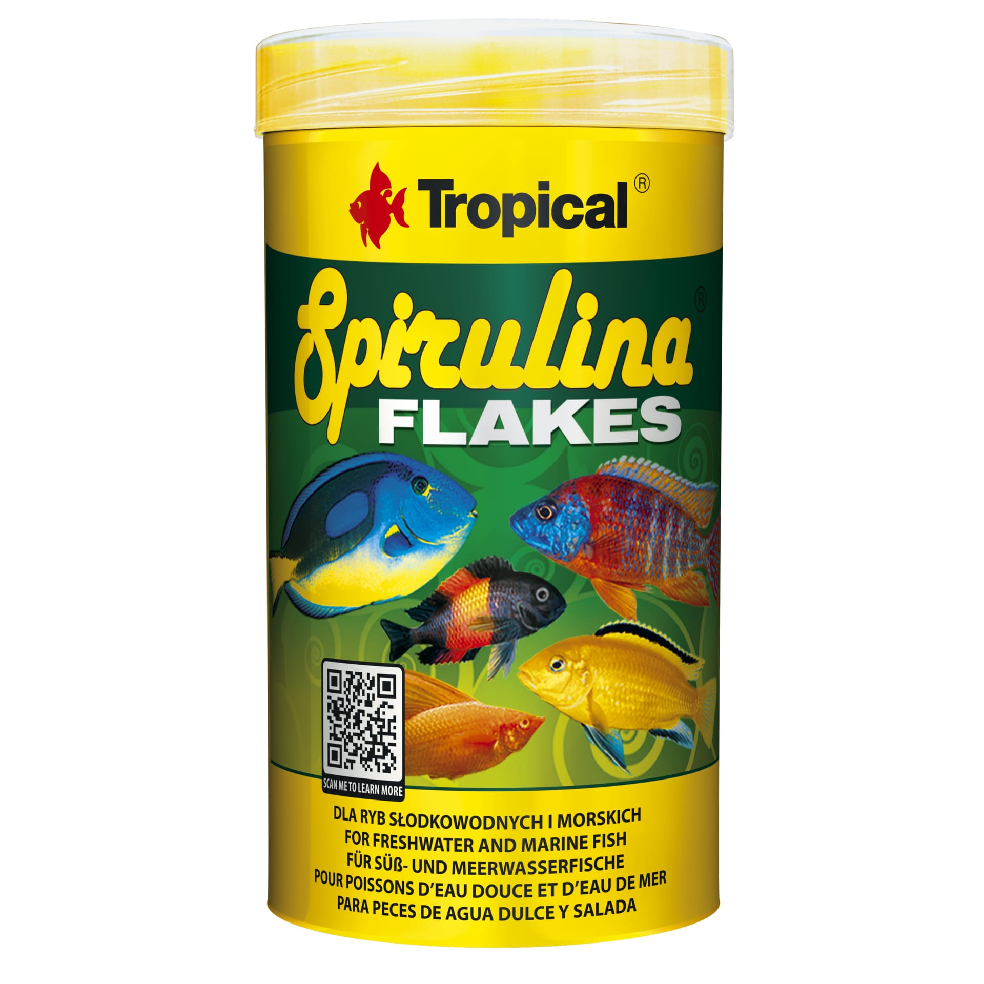 Embalagem de Tropical Spirulina Flakes com imagens de peixes tropicais e código QR.