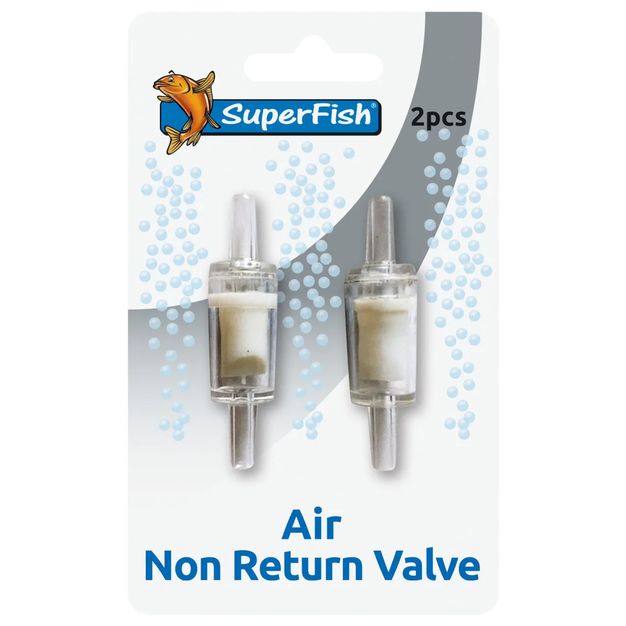 Duas válvulas transparentes de não retorno para ar em embalagem branca da marca SuperFish.