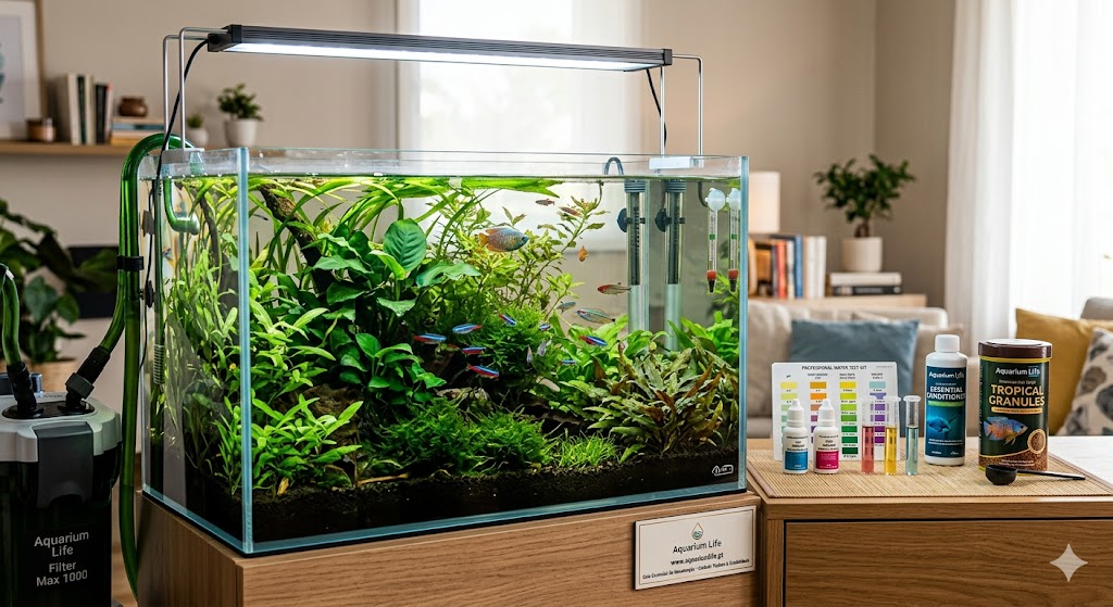 Aquário de vidro com peixes e plantas e produtos para aquários numa sala