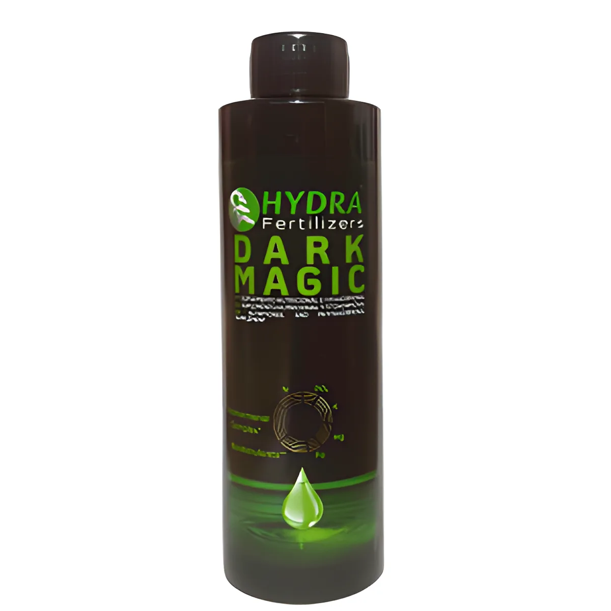 Frasco de fertilizante líquido castanho escuro com rótulo verde e texto Hydra Dark Magic