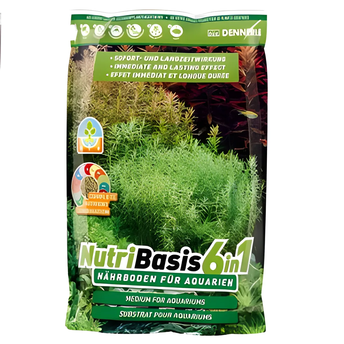 Saco de substrato para aquários NutriBasis 6in1 com plantas verdes na embalagem