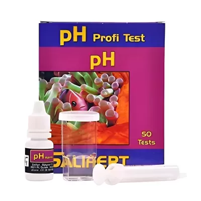 Kit de teste de pH com reagente, tubo de ensaio e conta-gotas em embalagem azul e rosa