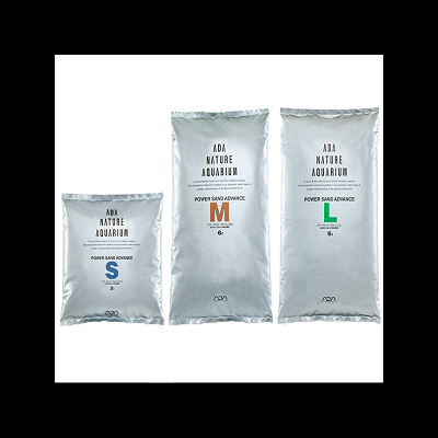 Três sacos de areia ADA Nature Aquarium com tamanhos S, M e L em fundo branco