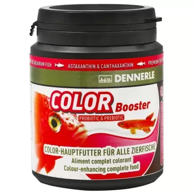 Embalagem preta de alimento para peixes com rótulo colorido e texto DENNERLE COLOR Booster.