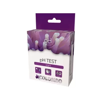 Embalagem para teste de pH Colombo com design branco e roxo e indicação de 40 testes