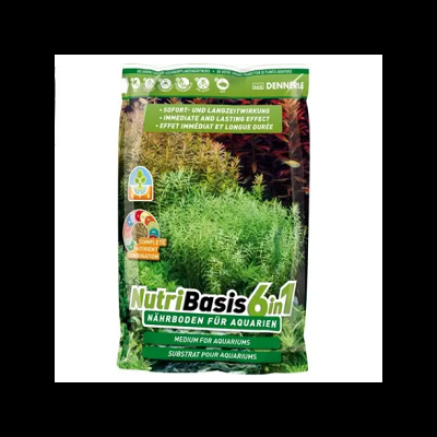 Pacote de substrato para aquários NutriBasis 6in1 com fundo verde e imagens de plantas aquáticas.