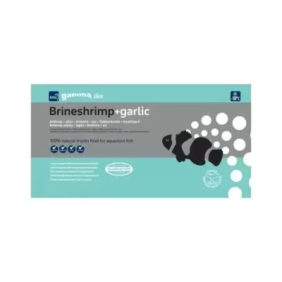 Embalagem de comida congelada para peixes com texto Brineshrimp+garlic