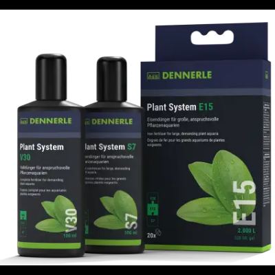 Produtos DENNERLE Plant System: duas garrafas V30 e S7 e caixa E15 para aquários