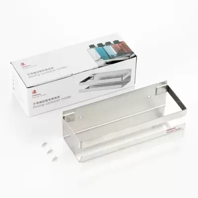 Suporte metálico prateado e embalagem com texto Dosing container holder