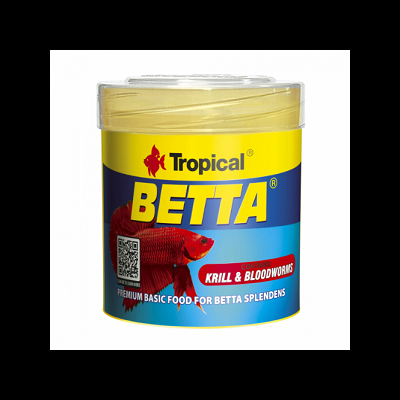 Embalagem de alimento para peixe Tropical Betta com imagem de peixe vermelho e texto em amarelo e azul