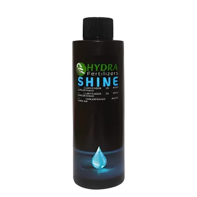 Frasco preto de fertilizante Hydra Fertilizers SHINE com gota de água azul