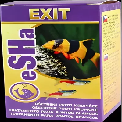 Embalagem de tratamento para aquários com peixes coloridos e texto multilíngue