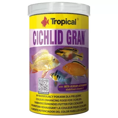 Embalagem de comida para peixes cíclides com rótulo colorido
