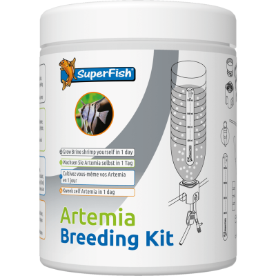 Recipiente branco do kit de reprodução Artemia da SuperFish com texto e ilustrações