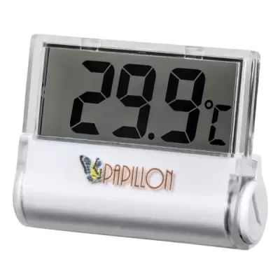 Termómetro digital branco com visor LCD e logo PAPILLON