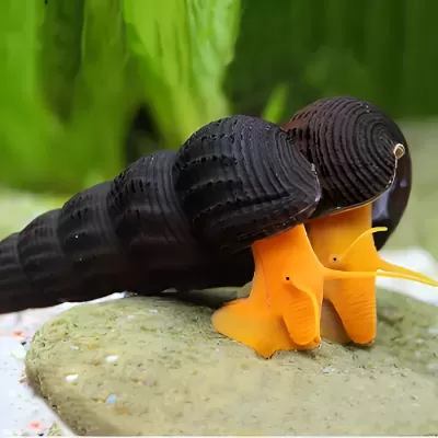 Dois caracóis aquáticos com conchas pretas e corpos laranja sobre pedra