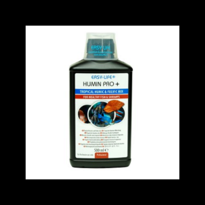Frasco preto com rótulo branco e azul do produto Easy-Life Humin Pro + para peixes e camarões
