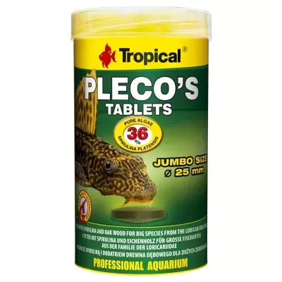Embalagem de comprimidos para peixes Tropical Plecos Tablets com texto e imagem de peixe.