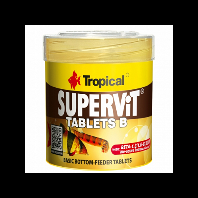 Embalagem redonda amarela e castanha de pastilhas para peixes Tropical Supervit Tablets B