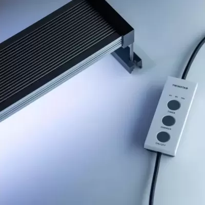 Luz LED preta com controle remoto branco TWINSTAR sobre superfície clara