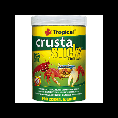 Embalagem amarela e verde de sticks para crustáceos Tropical com imagens de crustáceos e texto em várias línguas