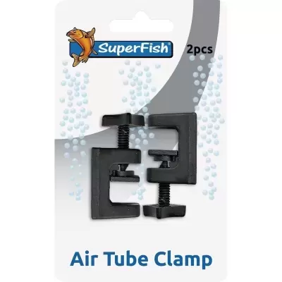 Embalagem com dois grampos pretos para tubo de ar com marca SuperFish e texto Air Tube Clamp.
