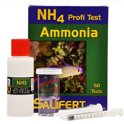 Kit de teste de amoníaco NH4 Profi Test Ammonia da Salifert com frasco, copo de plástico, seringas e caixa colorida.